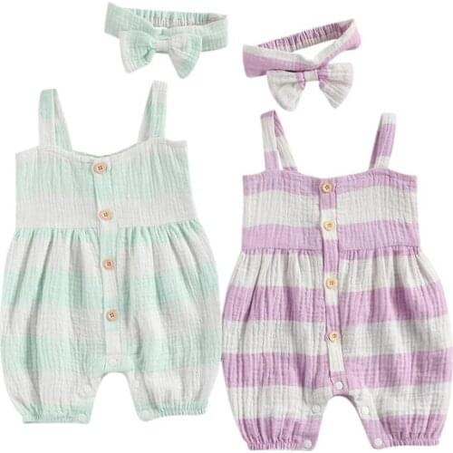 Summer Lovely Baby Girls Boys Rompers Striped Print Sleeveless Button Jumpsuits Headband 0-24M 2 Colors