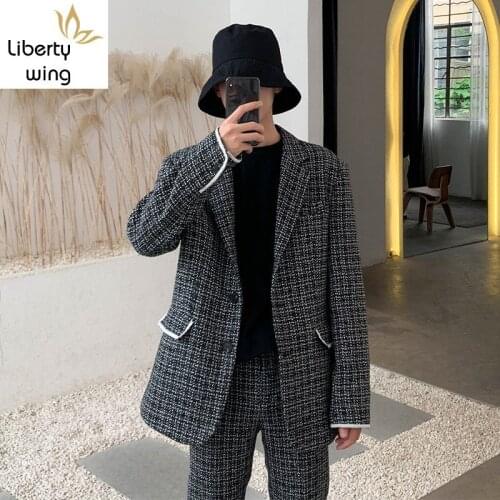 Korean Casual Mens Plaid Two Piece Suits Long Sleeve Single Breasted Lapel Mixed Colors Loose Blazer Straight Ankle Length Pants