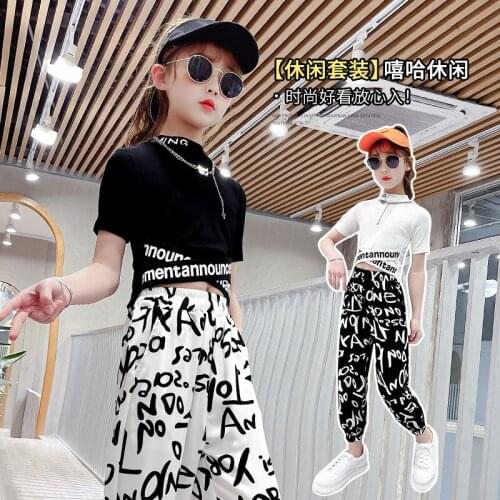 Baby Girl Suit 2021 Spring and Summer Fashion Childrens Short Cross Crop Sweater Casual Graffiti Trousers Two-piece Suit