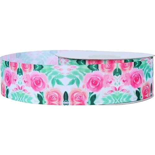 FLRA Ribbon (50yards/lot) Flora Ribbons pink rose printed grosgrain ribbon