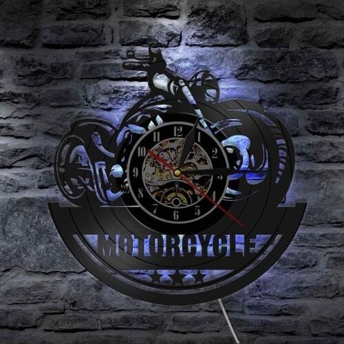 Motorcycle Fan Antique Vinyl Record Wall Clock Garage Repair Shop Wall Art Decor Wall Light Biker Club Man Cave Motorbike Watch