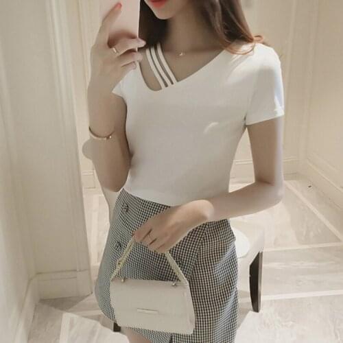 New Arrival Ladies Tops Solid Color Hollow V Neck Short Sleeve Simple Casual T-shirt