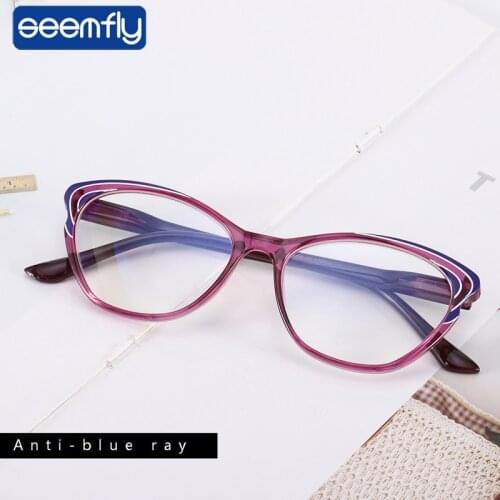 Seemfly Anti-blue Ray Purple Reading Glasses Women Retro Cat Eye Glasses Frame Presbyopia Clear Lens Diopter +100 +150 +200 +250