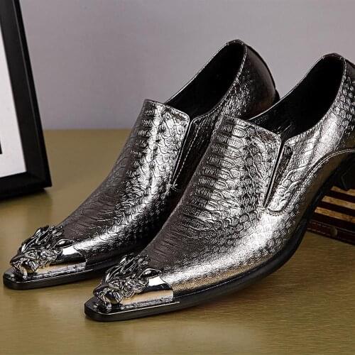 Christia Bella Gold Silver Business Men Real Leather Shoes Metal Pointed Toe Formal Party Shoes Men Wedding Dress Shoes Big Size