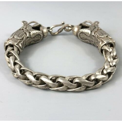 Exquisite Chinese Rare Collectible Tibet Silver Handwork Dragon Amulet Bracelet