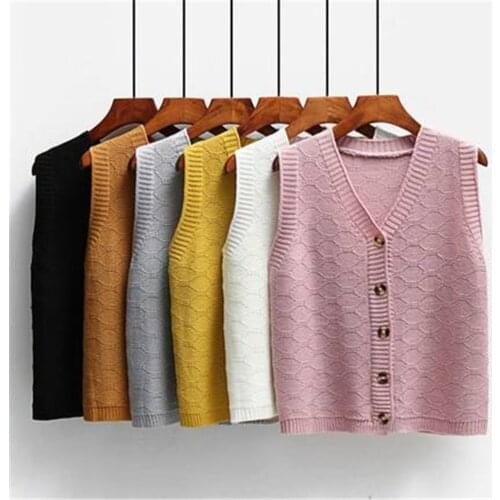 Korean Fashion V-neck Knitted Wool Button Cardigan Sweater Vest Women Loose Single-breasted Sweater Vest Female Spring ZY5259