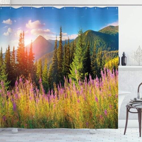 Green Pink Landscape Shower Curtain Fall Landscape Picture Mountains Flowers Alpine Trees Forest at Sunrise Bathroom Curtain