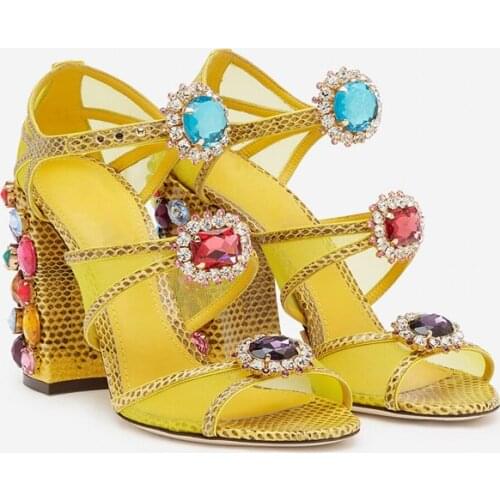 Multicolor Gemstone Embellished Chunky Heel Sandals Ladies Mesh Patchwork Crystal Flower Buckle Wedding Pump Party Shoes Summer