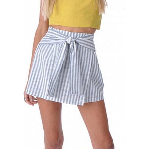 A-Line Blue White Stripe Bow Short Skirts Women High Waist Skater Flared Skirt Chic Loose Beach Party Mini Skirts Female Bottoms