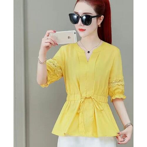 Women Spring Summer Style Cotton Blouses Shirts Lady Casual Half Sleeve V-Neck Bow Tie Blusas Tops RR0007