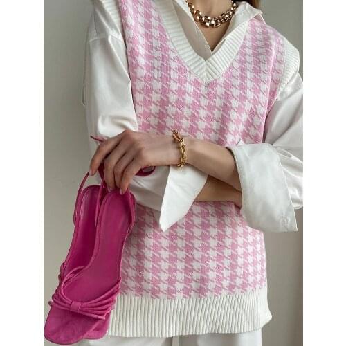 COKAGO Houndstooth Sweater Vest Women V Neck Sleeveless Knitted Jumper Pullovers Loose Oversized Sweater Vest Waistcoat Tops