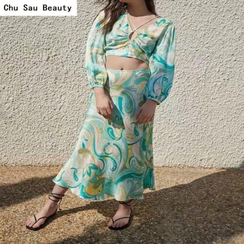 2021Za Womens Retro Deep V-Neck Pleated Long Sleeve Top Summer Irregular Cut Printed Shirt Fashion Mid-Length Skirt Female Set