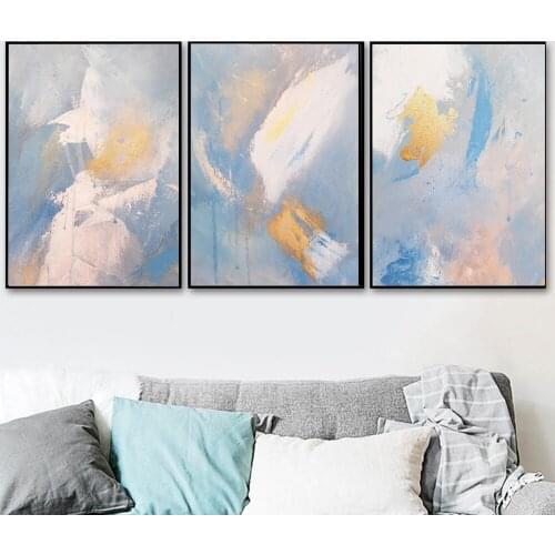 Abstract Blue White Light Canvas Painting Golden Wing of Dream Wall Art Posters and Prints for Interior Living Room Asile Decor