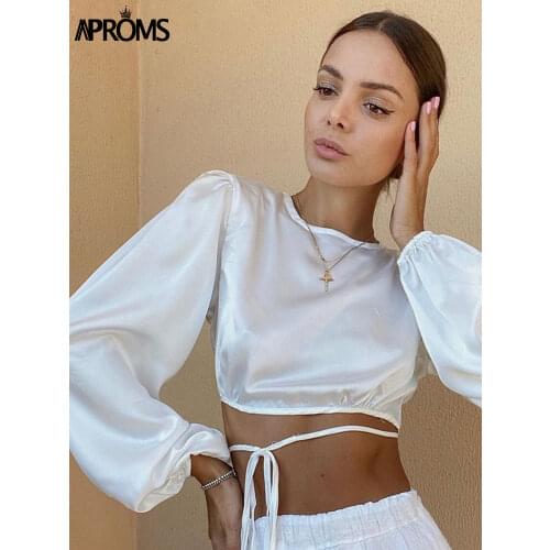 Aproms Soft Satin Backless Bow Tie T-shirt Female 2021 Summer Fashion Long Sleeve Slim Tshirt Basic Crop Top for Women Clothing