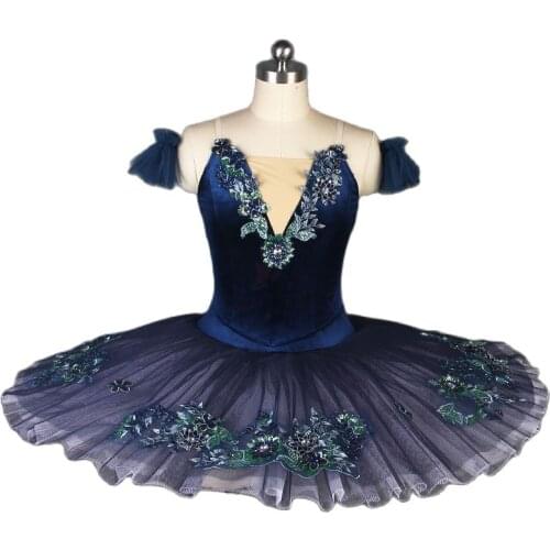 New Navy Blue Velvet Bodice With Gold Trim Pre-professional Ballet Tutu Girl & Women Stage Pancake Tutu