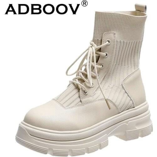 ADBOOV Leather Platform Boots Women New Autumn Chunky Ankle Boots Fashion Lace up Sock Shoes Ladies Footwear