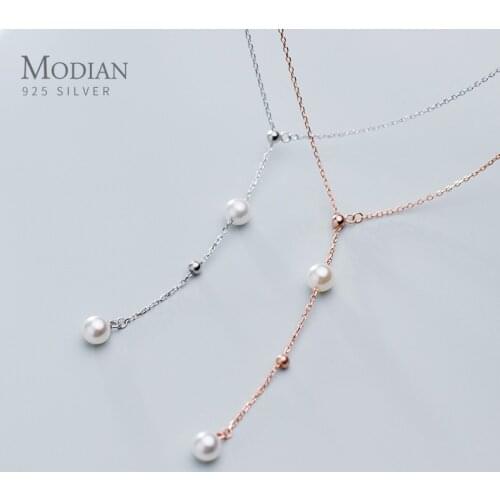 Modian Silver Simple Pearl Bead Necklace 100% 925 Sterling Silver Rose Gold Color Chain Necklaces For Women Statement Jewelry