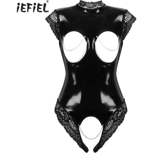 Black Sexy Bodysuit Sleeveless High Neck Wetlook Leather Open Breast Crotchless Lace Leotard Bodysuit Rompers Womens Jumpsuit