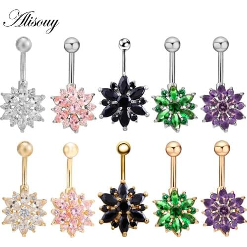 Alisouy 1 piece 316L Stainless Steel Green Flower Crystal Navel Bars Gold Belly Button Ring Navel Piercing Jewelry 1.6*10*5*8mm