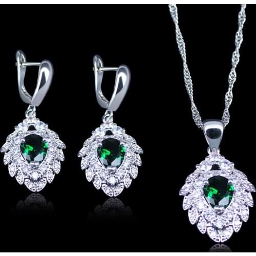 New Arrival Dubai Trendy Style Green Created Emerald Silver color Jewelry Sets For Women Pendant Necklace Earrings