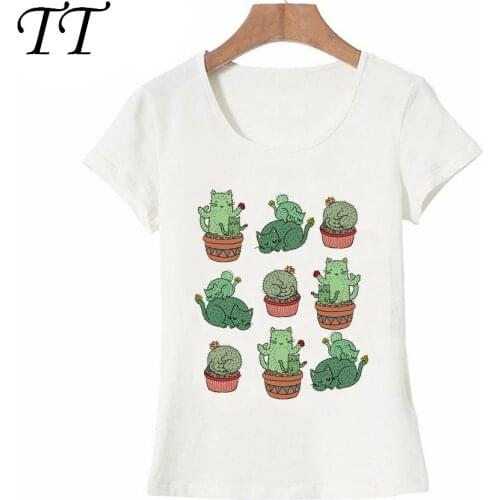 Beautiful Kawaii Cactus Cats Art Print T-shirt Summer Funny Women T-Shirt Female Casual Tees Fashion Woman Tops