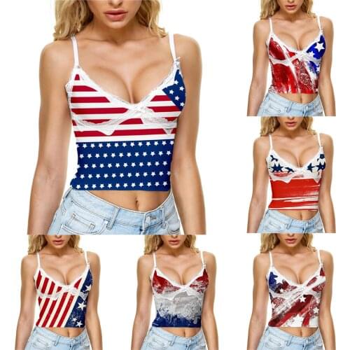 Summer Sexy Crop top T-shirt for Women 2021, Webbing American Independence Day Ladies Deep V-Neck Lace Camisole