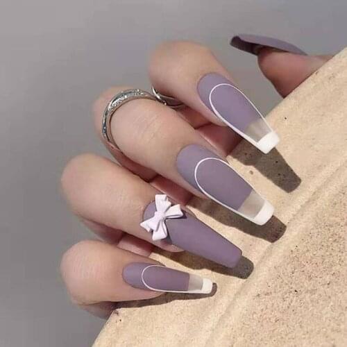 24pcs/Set Matte Fake Nails Long White Butterfly Decals Removable French False Nails with Glue Purple Ballerina Nail Art Tips