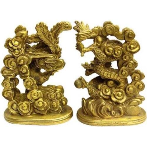 Copper Chinese handmade brass Geomantics fengshui lucky statue - dragon & phoenix Office and home decoration