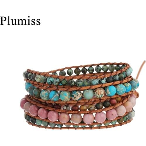 Mix Natural Stone Leather Wrap Bracelet Imperial Jaspers Turquoises Rhodonite Beads Bracelets Fashion Jewelry for Women Dropship