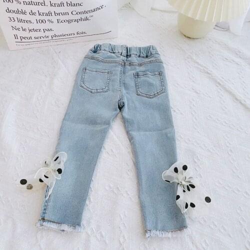 Fashion Girls Kids Princess Jeans Long Pant Autumn Bow Children Baby Denim Pants Trousers S12962