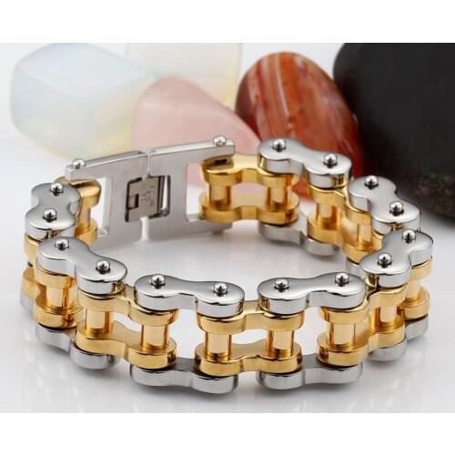 Fashion Stainless Steel Dubai Gold 24cm Bike Chain Bracelet For Men 22mm Heavy Chunky Black Bicycle Chain Biker Bracelets