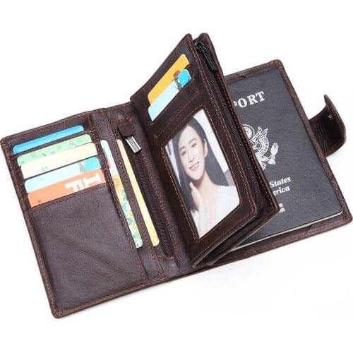 Men Cowhide Genuine Leather Travel Passport Wallet Male Multi Function Bag Large Capacity Coin Purse with Credit Card Holder