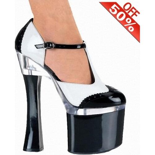 Mary Jane 18CM Chunky Stripper Heels Platform Sandals 8Inch Women Black White Gothic Punk Sexy Fetish Pole Dance Shoes Patchwork