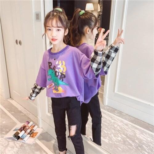 2021 Cartoon Dinosaur Print Girls Casual Clothes Boys Round Neck Pullover Spring And Autumn Girls Patchwork Long-sleeved T-shirt