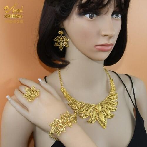 Fashion Luxury Indian Jewelry Set Wedding Bridal Gold Color African Designer Jewellery Necklace Earrings Sets Woman Accesories