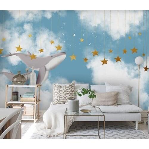 Hand Painting Creative Kids Bedroom Wall Mural Whale Fish Blue Wall Paper Roll Murals Contact Paper 3D Baby Boy Wallpaper