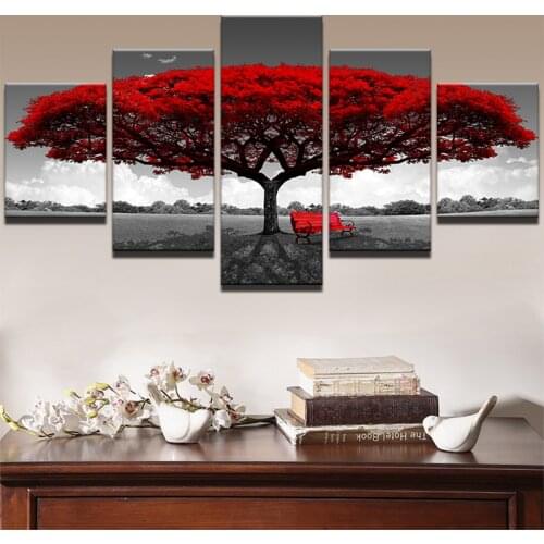 Modern Canvas Frame Pictures HD Prints 5 Pieces Red Tree Red Bench Landscape Living Room Home Decor Wall Artwork Painting Poster
