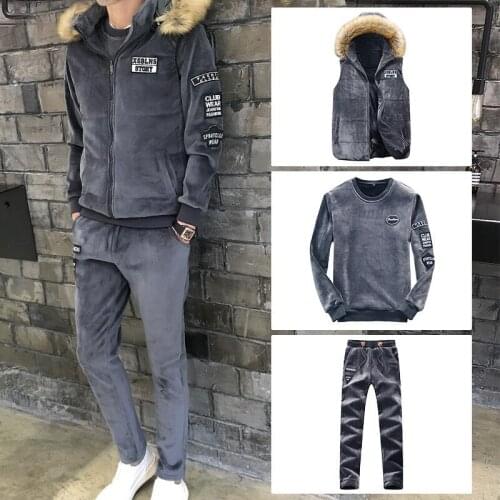 Tracksuit Men Winter Sporting Suit Hooded Vest+Sweatshirt+Pants 3 Piece Set Plus Gold Velvet Thick Warm Sportswear Joggers Suit