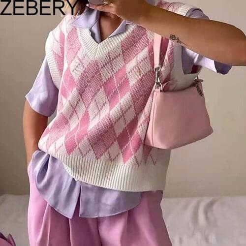 ZEBERY Womens Teen Girls Argyle Sweater Vest Long Sleeve Retro Plaid Knitted Streetwear Preppy Style V Neck Chunky Sweaters