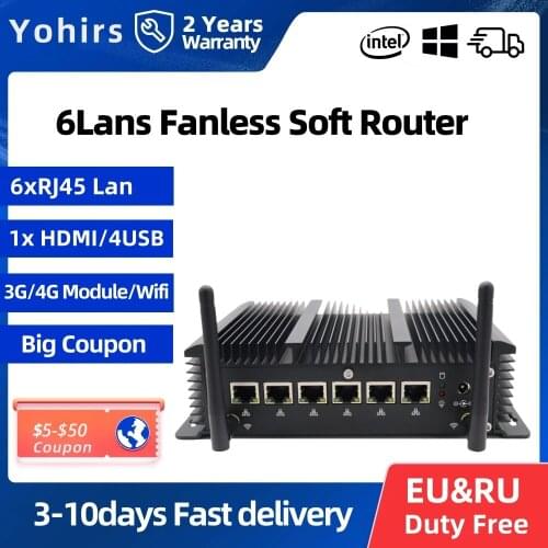 Yohirs Fanless Industrial Mini Pc Intel Core i3 i5 7167U 7267U Celeron J1900 DDR3 4USB3.0 6LANS 2RS232 AES-NI pfSense Computer