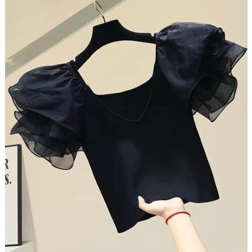 2021 New Chic Summer Crop Sexy Top Women Sweetheart Neckline Shirts Slim Petal Short Sleeves Organza Shirt Elegant Short Blouse