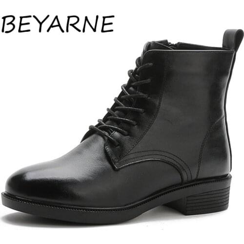 BEYARNE Velvet Fur Warm Winter Shoes Women High Top Ankle Boots Genuine Leather Autumn New Martin Boots Female Black Snowboots