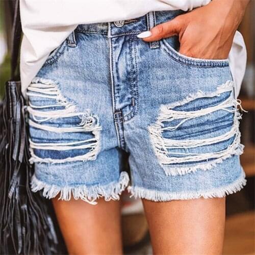 Fashion Ripped Denim Shorts Women Casual Burr Slim High Waist Light Blue Shorts Summer Sexy Tassel Worn Jeans Shorts For Female