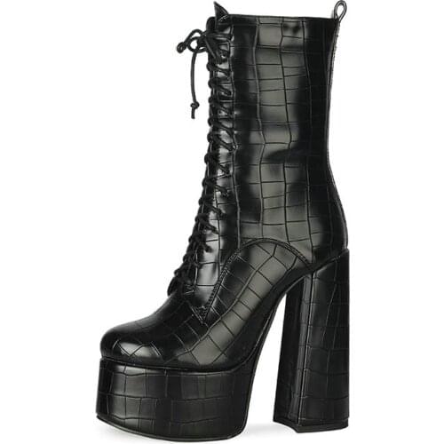 2021 Black Stone Pattern Ladies Cross Tied Mid Calf Boots Platform Zipper Super High Heel Fashion Autumn Winter Womens Shoes