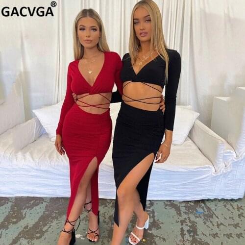 GACVGA Fashion Bandage Midi Dress Suits Sexy Two Pieces Set Club Party Long Sleeve Crop Top and Split Skirts Black Matching Sets