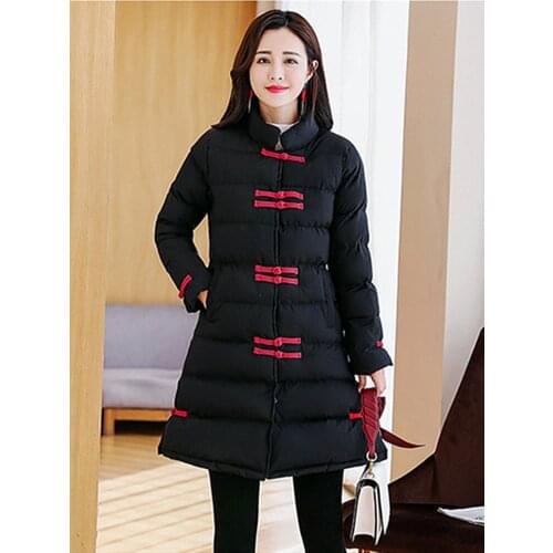 Winter Women National Wind Coat 2018 New Retro Buckle Down Jacket Cotton Winter Jacket Standing Collar Slim-type Women Clothing