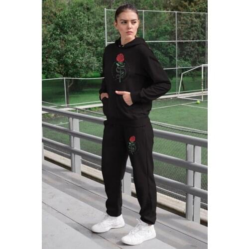 Angemiel Wear Spirit Of Soul Women Tracksuit Set Black Hooded Sweatshirt Black Sweatpants