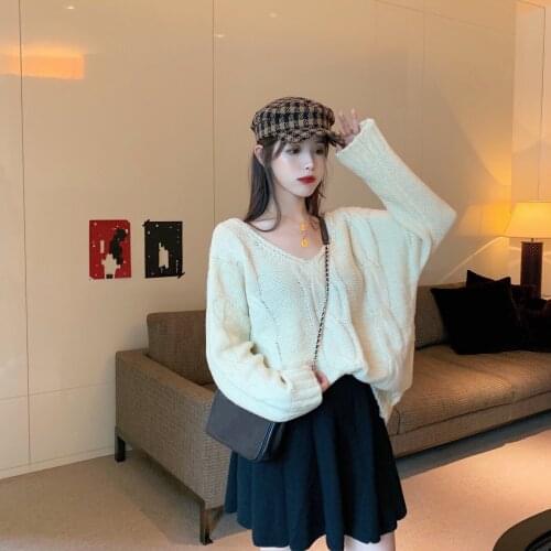 Korean Style New Long Sleeve Loose off-Shoulder Sweater Womens Back Lacing Mid-Length Sweater Womens