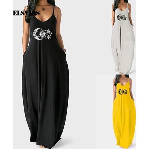 Off Shoulder Deep V Spaghetti Strap Summer Dress Casual Daisy Sun Moon Printed Dress Women Spring 2021 Elegant Long Maxi Dresses