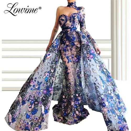 Robe De Soiree Longue Two Pieces Prom Dresses Evening Dress Arabic Mermaid New Arrival High Neck One Shoulder Party Gown 2019